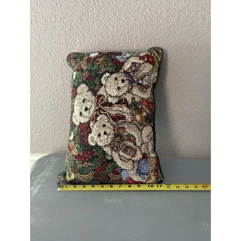 Tapestry Three Teddy Bear Christmas Throw Pillow 17x12 Gently Used